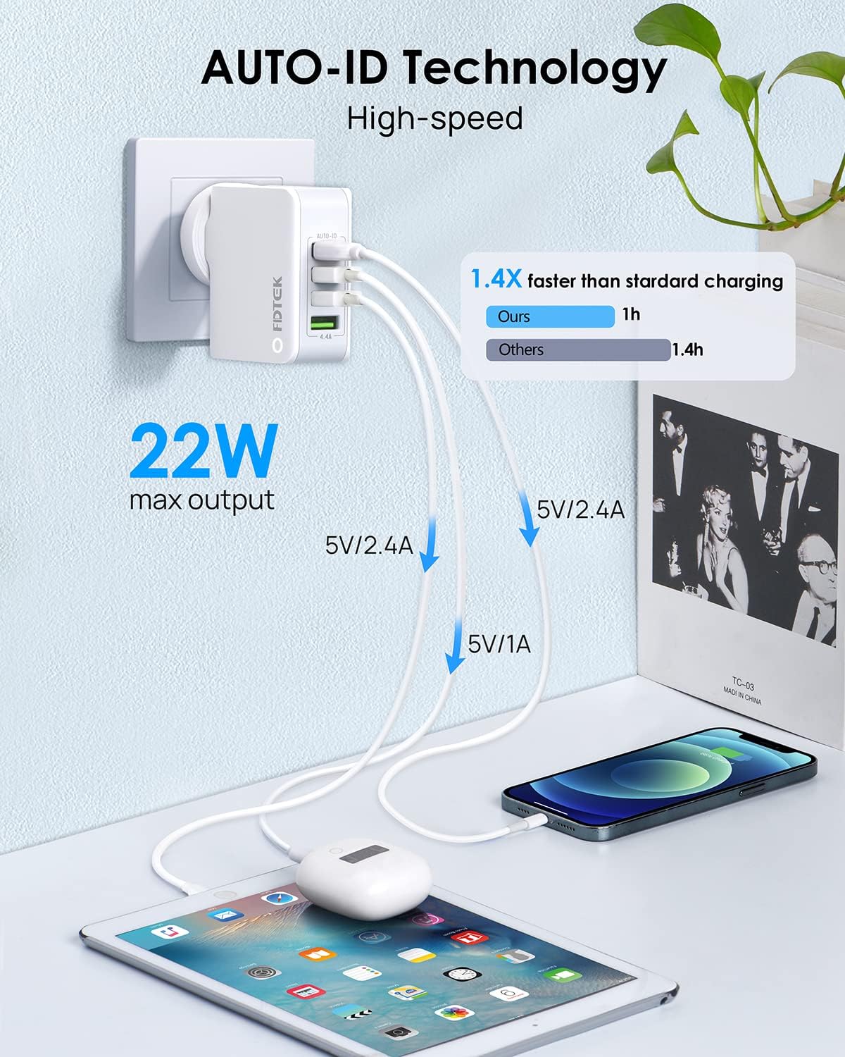 Adaptador Enchufe Universal Adaptador de Viaje Internacional, Cargador Multiple USB de Pared 22W 4.4A Cargador Universal con Enchufe US/UK/EU/AU para iPhone/Samsung/Huawei/iPad/Android/Tablet, Blanco 6