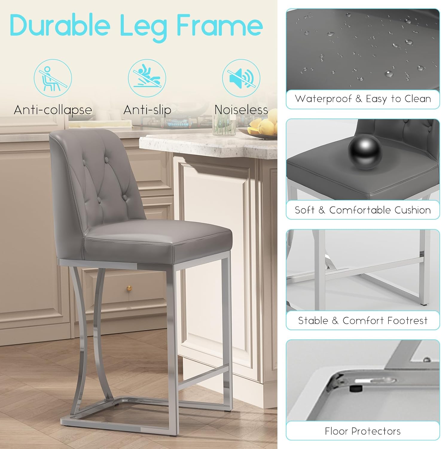 Ollega 24" Counter Height Bar Stools Set of 2, Grey Counter Stools with Back and Sliver Metal Frame, Modern Luxury Barstools with Footrest, Upholstered PU Leather Bar Chairs for Kitchen Island