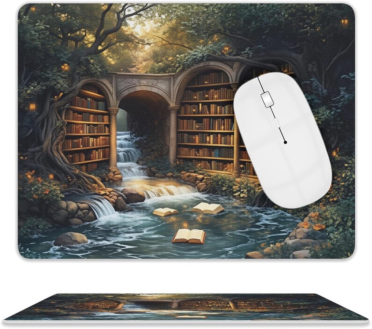 Enchanted Forest Bookshelf Leather Mouse Pad 10x8 Inch Waterproof and Portable Gaming Mouse Mat of Desk for Computers Laptop Office Home Enchanted Forest Bookshelf
