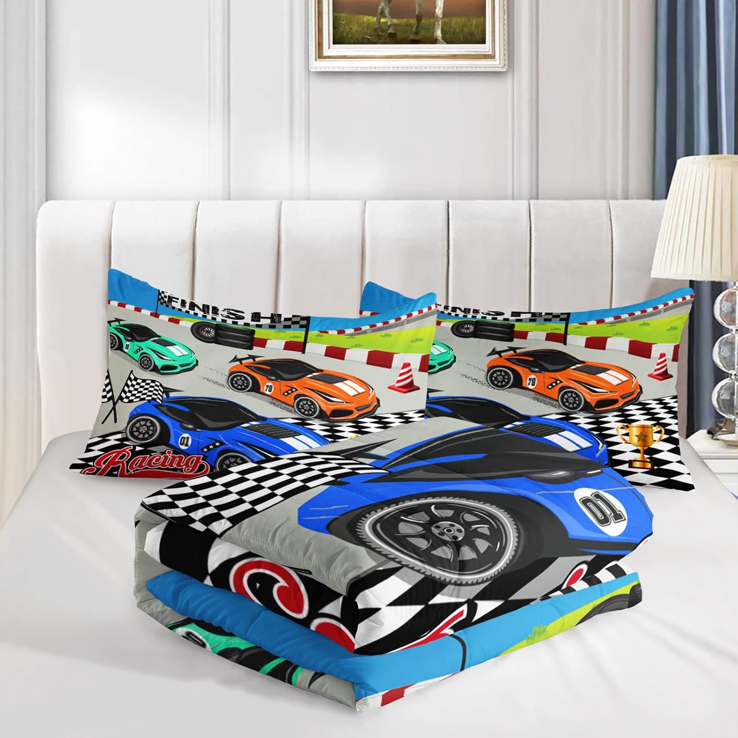 Axolotl Racing Car Bedding Set Twin,Cool Speed Race Car Down Comforter for Kids Boys Girls Teens,Car Theme Quilt with Three Cars Arrive at Finish,1 Comforter and 2 Pillowcases - Image 4