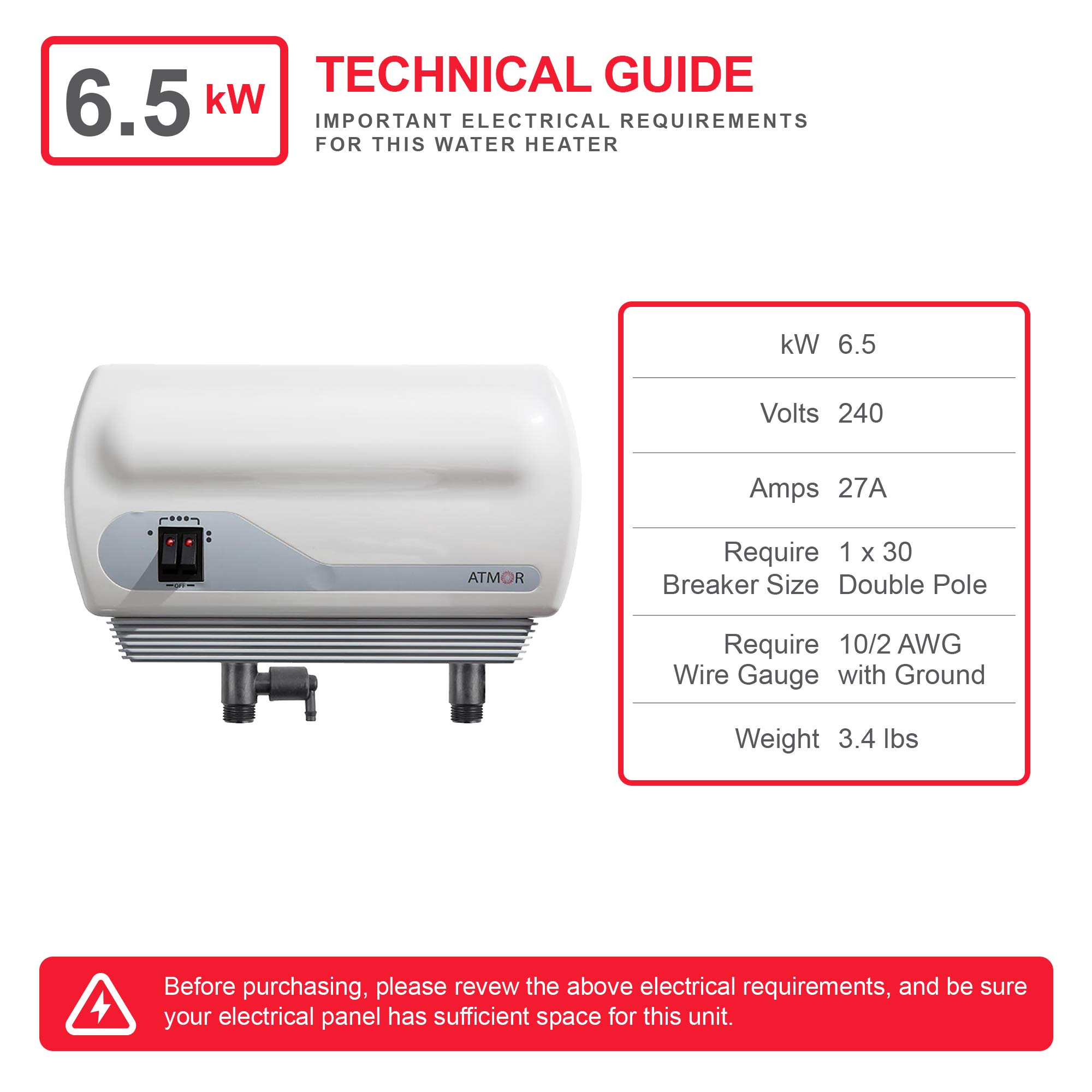 Atmor AT-900-06 Tankless Water Heater Electric, 6.5kW, White - Amazon.com