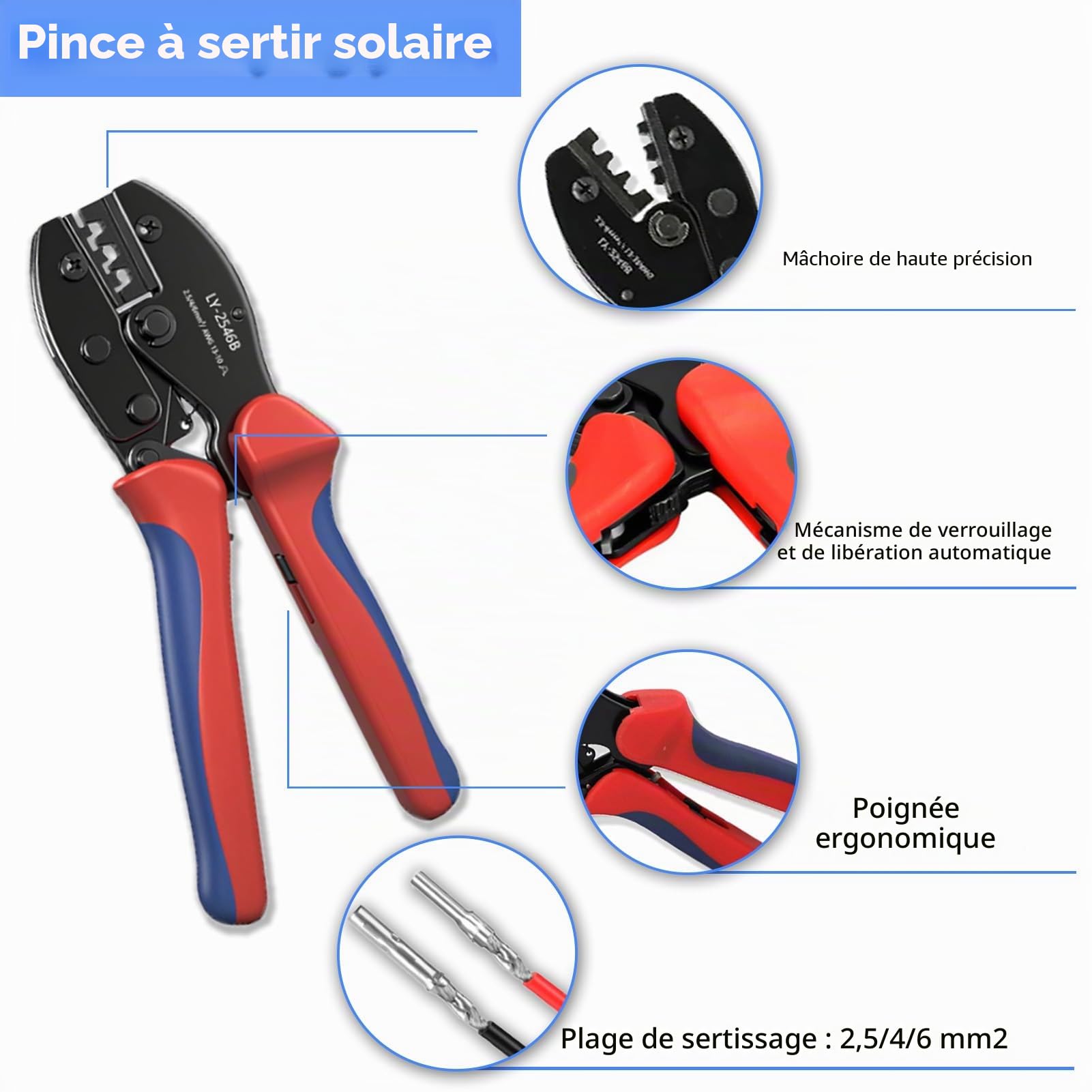Outils de Sertissage Solaires pour câbles PV de 2,5/4/6 mm²,avec 1 Pince à Sertir,10 Paires connecteurs de câble,10 Paires de Connecteurs Mâle/Femelle et 2 Clé,pour Câble PV de Panneau Solaire