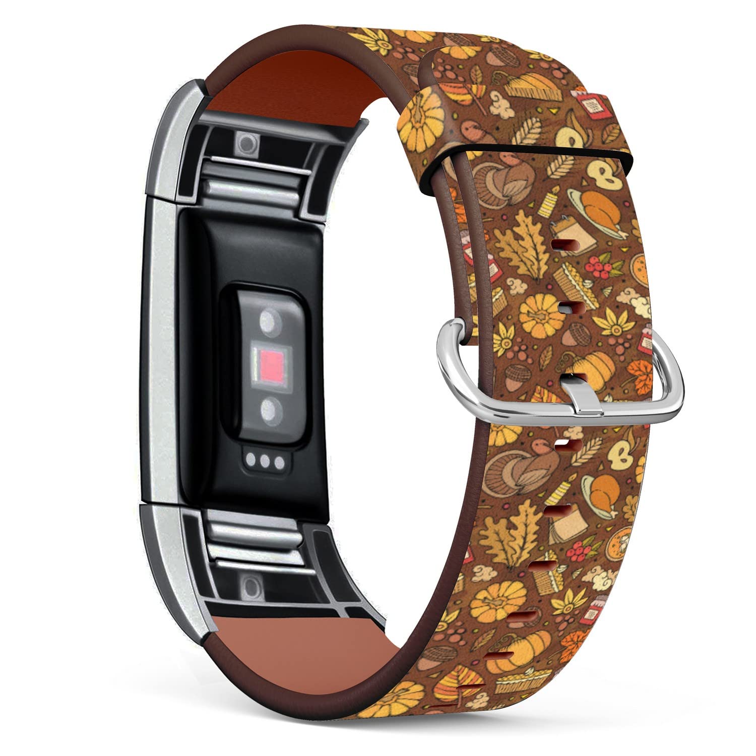 Compatible with Fitbit Charge 2, Patterned Leather Replacement Band (Dove, Turkey, Pumpkin and Autumn Leaf Thanksgiving Theme)