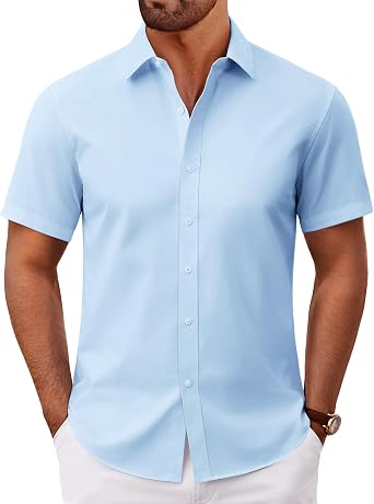 DEMEANOR Mens Dress Shirts Short Sleeve Stain Shield Stretch Solid Button Down Shirt Formal Business Work Button Up Shirt