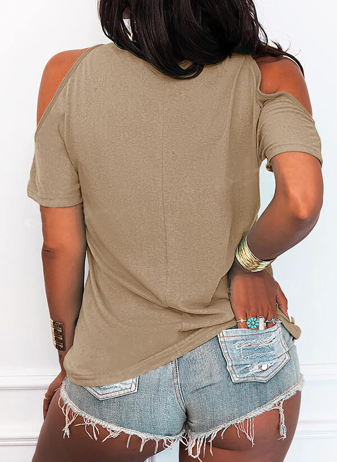 Eurivicy Women's Summer Cold Shoulder T-Shirt Casual Short Sleeve V Neck Blouse Top - Image 3