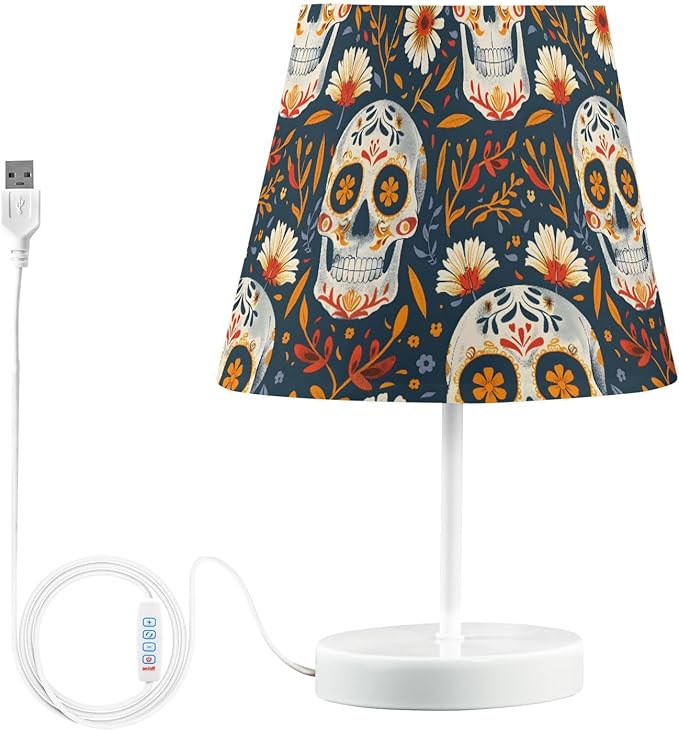 ALAZA Skeleton Flower Floral Sugar Skull Decor Bedside Table Lamp with USB Port 3 Color Temperatures LED Desk Lamp for Bedroom Office S