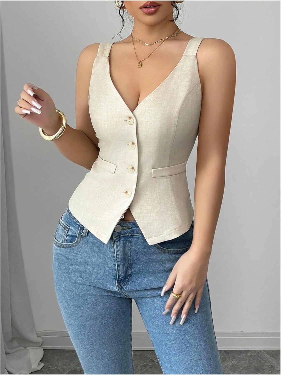 SHENHE Women's Button Up V Neck Vest Casual Business Waistcoat Blazer Vests Tank Top - Image 5