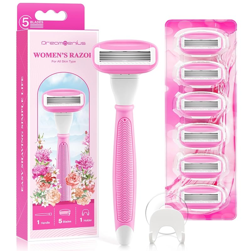 Barbeador feminino DreamGenius com 1 cabo, 7 cartuchos e suporte para chuveiro, rosa