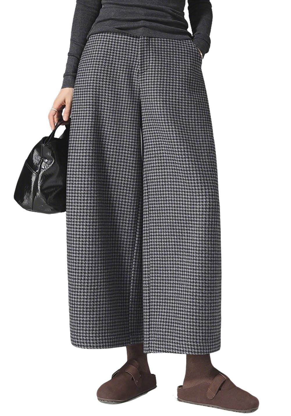 CHARTOU Women Winter Fleece Lined Pants Plaid Baggy Wide Leg Barrel Pants with Back Elastic Waist
