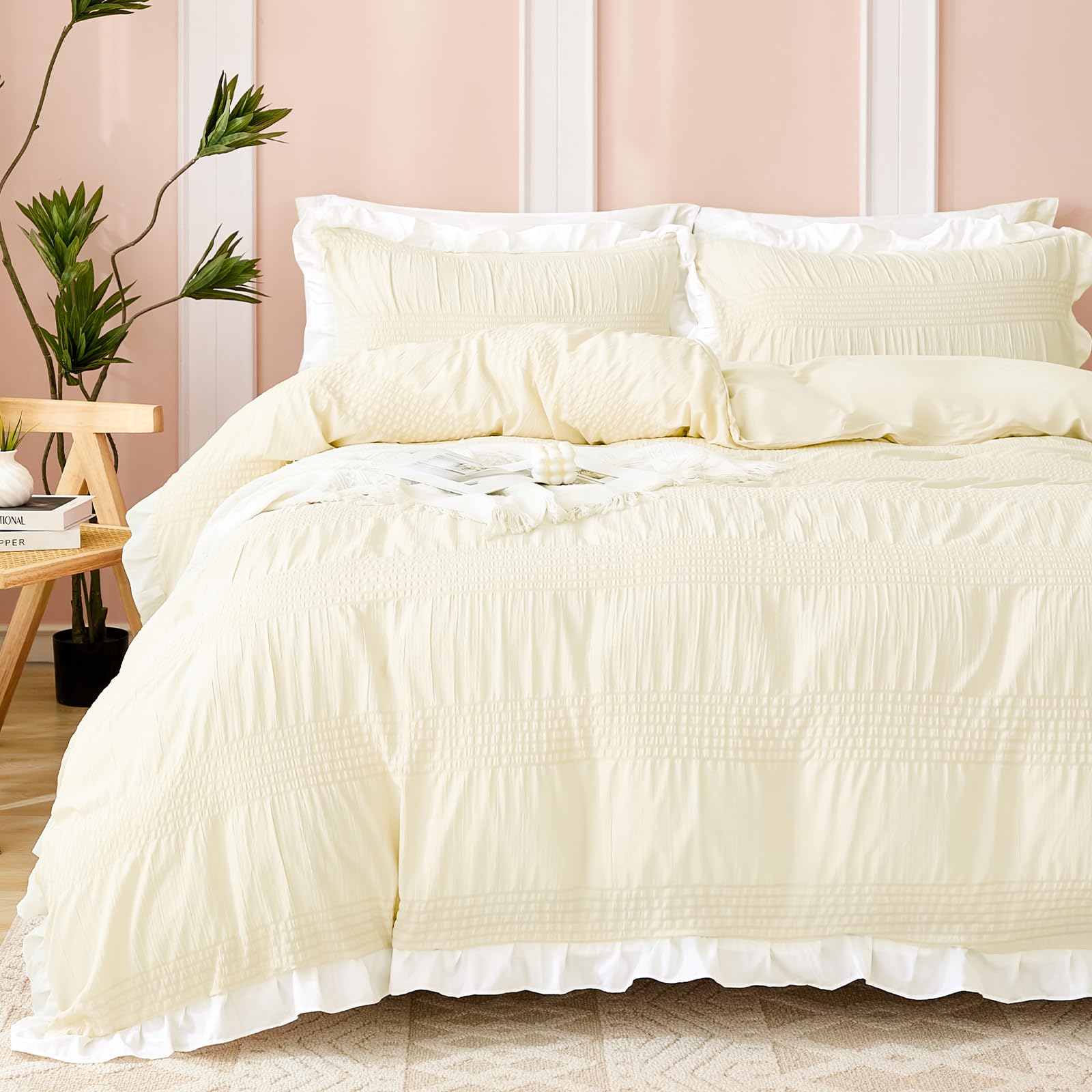 Guchuang, Set copripiumino bianco crema in tessuto increspato, 3 pezzi, in microfibra leggera resistente alle pieghe, con cerniera nascosta (singolo, 135 x 200 cm)