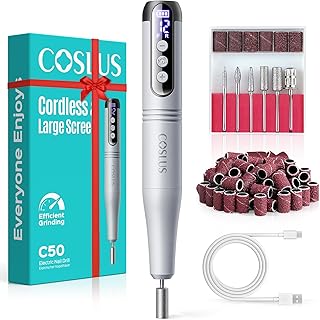 COSLUS C50 Cordless Electric Nail Drill : 12-Speed Professional Nail File with LED Display for All Manicure Shaping & Gel Removal, Nail Art Practice Essentials, Home DIY & Portable Travel Use, Grey