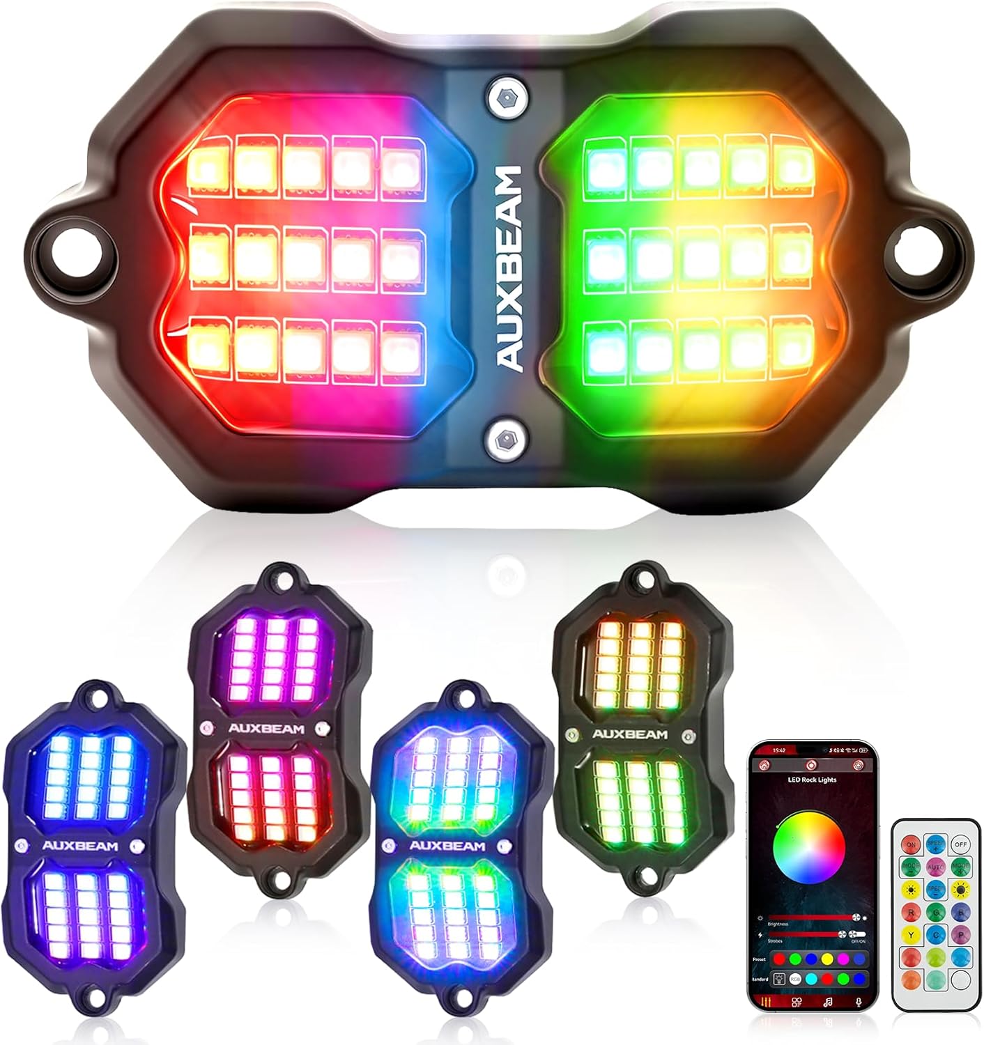 Auxbeam 4-Pod RGB LED Rock Lights with Brake Mode 213° Dual-Side Lighting Dynamic Color Changing Underglow Kit w/Bluetooth APP+Remote Control Music Voice Sync Waterproof for Truck ATV 1 Year Warranty