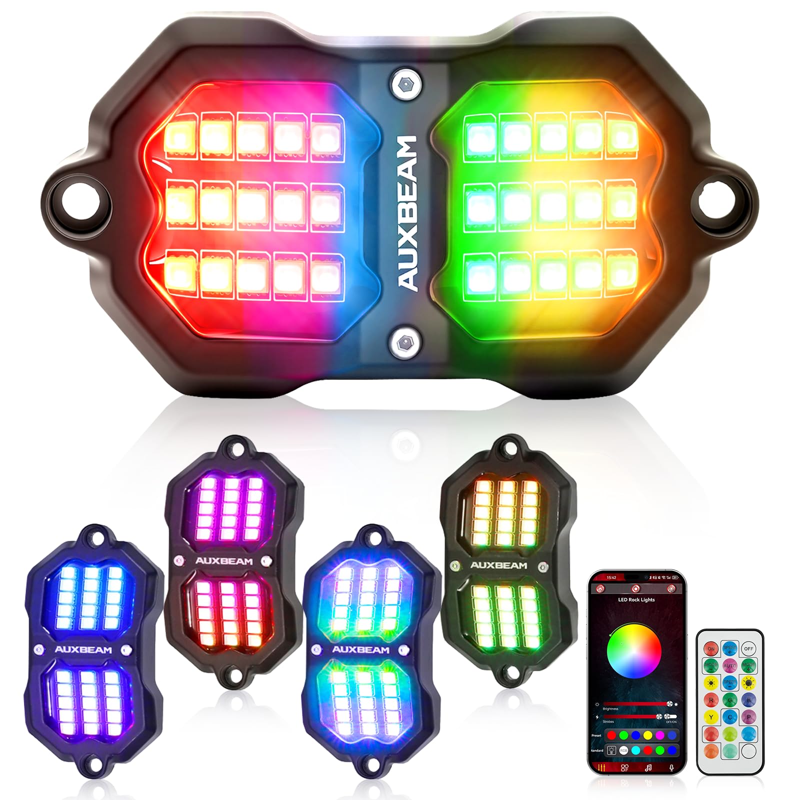 Photo 1 of Auxbeam 4-Pod RGB LED Rock Lights with Brake Mode 213° Dual-Side Lighting Dynamic Color Changing Underglow Kit w/Bluetooth APP+Remote Control Music Voice Sync Waterproof for Truck ATV 2 Year Warranty