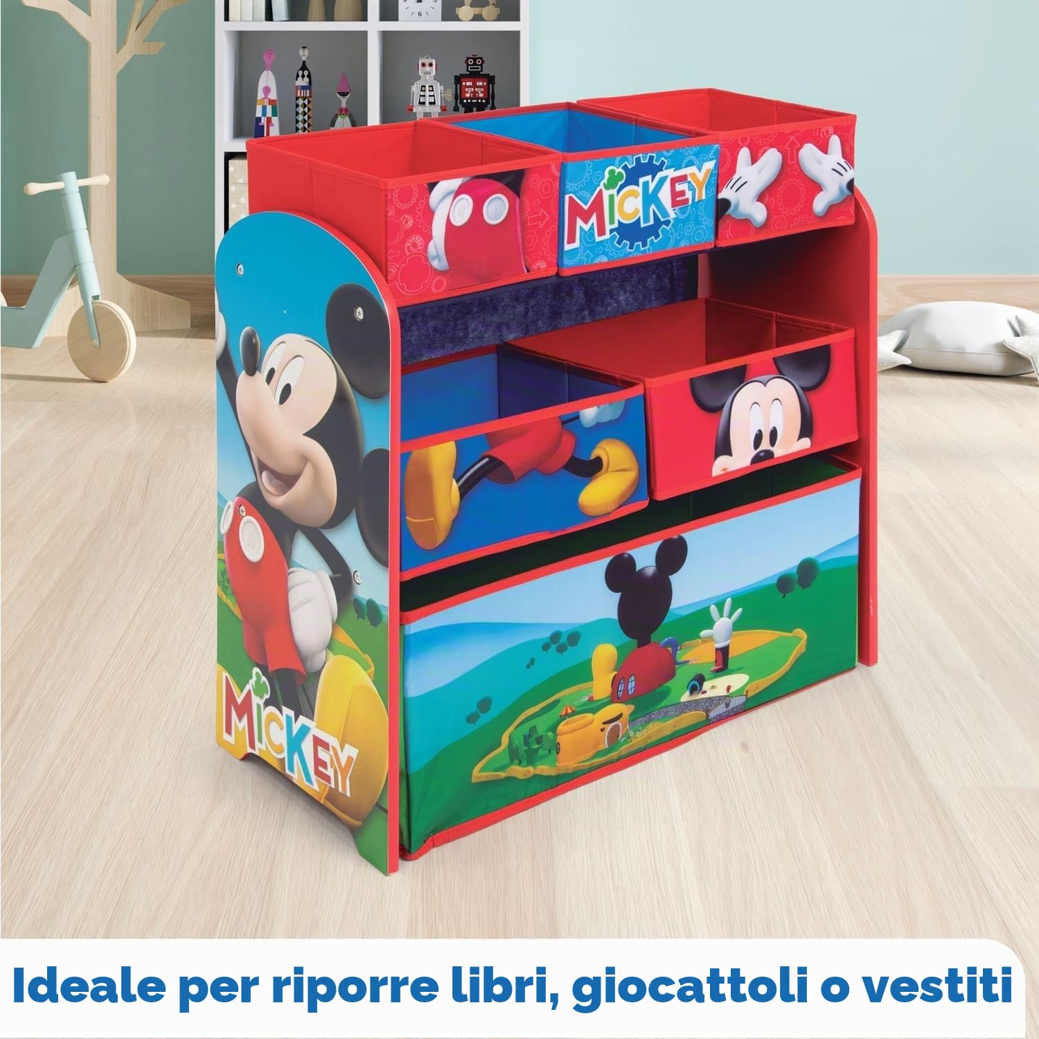 ARDITEX WD14007 Organizador de Madera (62x30x60cm) con 6 cestos Textiles de Almacenamiento de Disney-Mickey