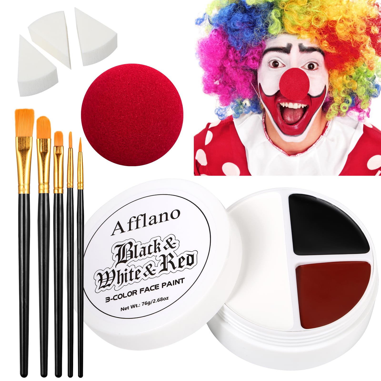 Afflano Red Black White Face Paint Halloween Clown Makeup Kit, Black and White Body Paint with Sponges Brushes, Washable Red Face Painting for Joker
