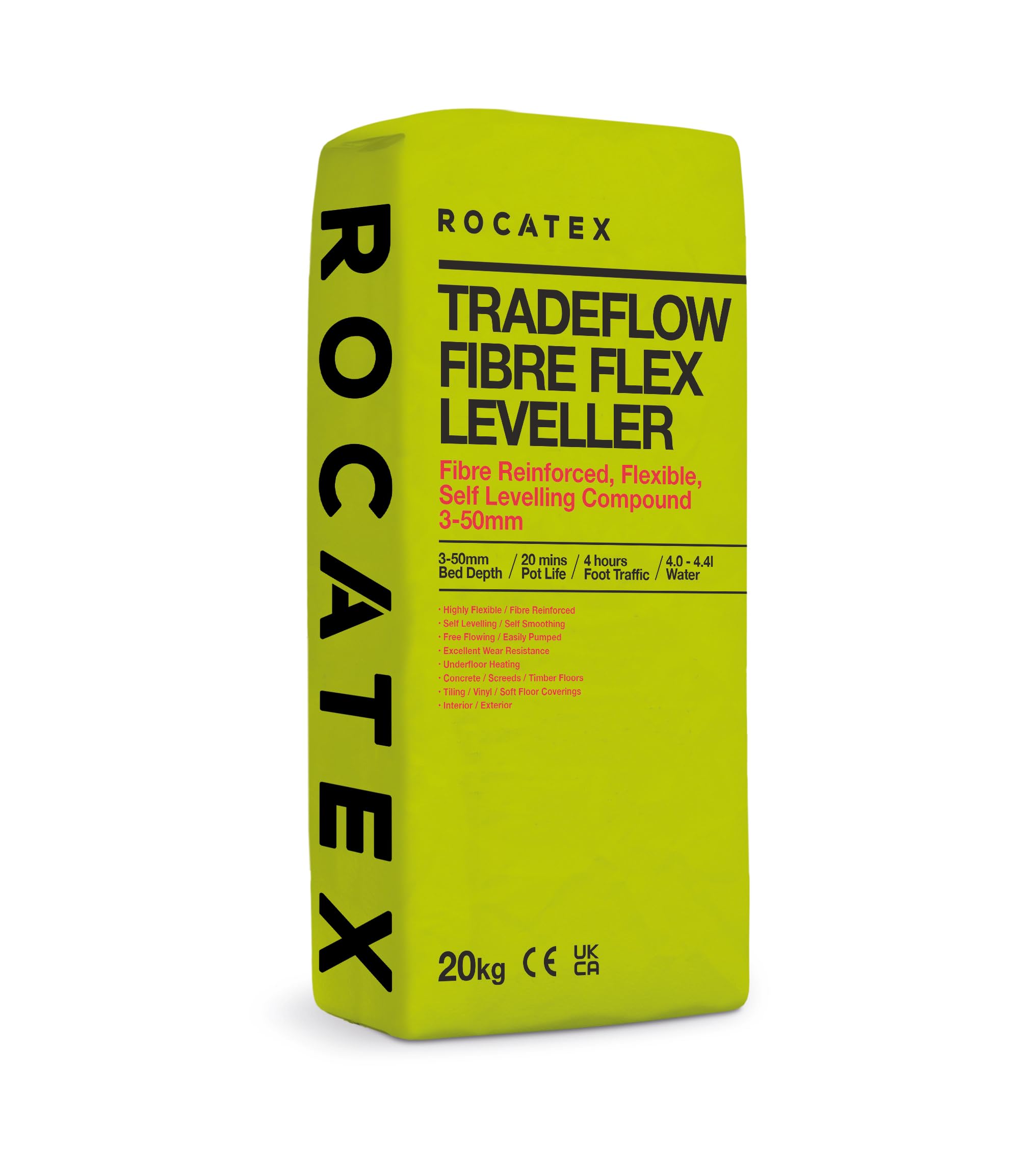 Rocatex Tradeflow Fibre Flex Leveller 20kg – Fibre-Reinforced Flexible Floor Levelling Compound for Uneven Floors, Underfloor Heating & Tiling Preparation (Self-Levelling, Fast-Drying)