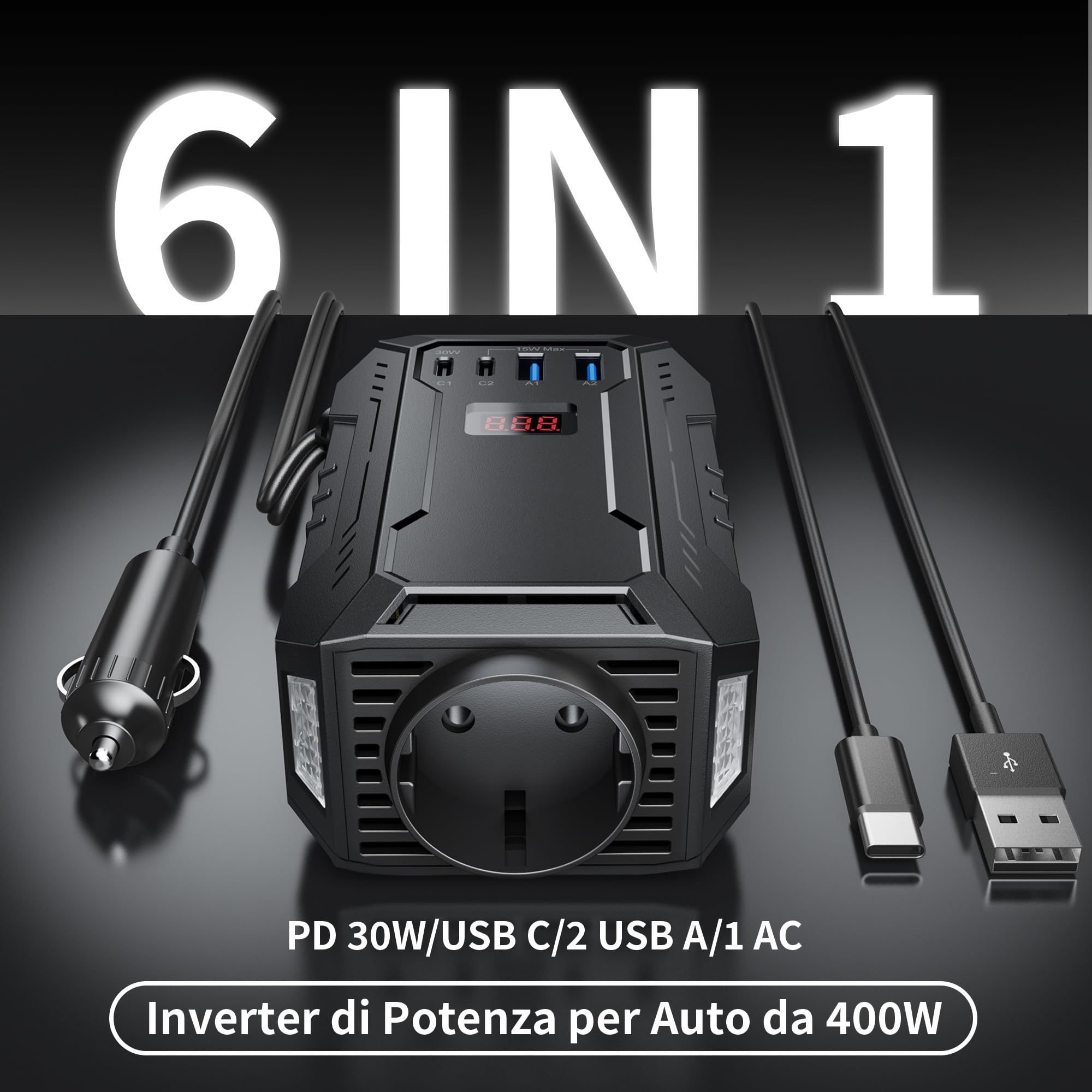 BESTEK Inverter Auto Onda Pura 400W, Trasformatore Inverter 12V a 220V, 2 USB, Multi Protezioni e Soft Start, Ideale per Auto/Camper, Alimentazione da Accendisigari