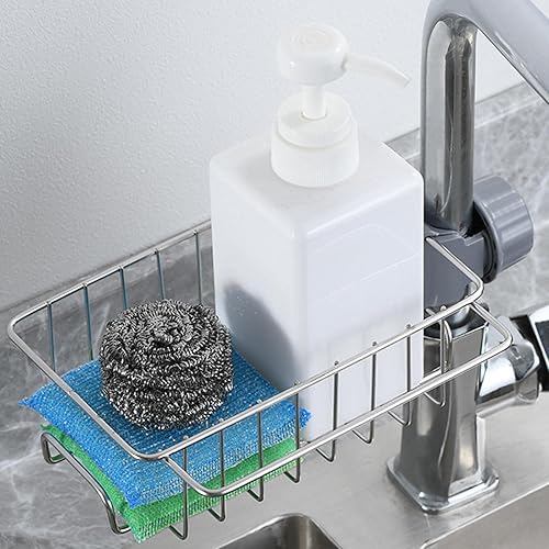 Miniatura 6 de Gralara Estante de drenaje de fregadero de acero inoxidable, soporte para cepillo de platos, colgante ajustable para ahorro de espacio, soporte de