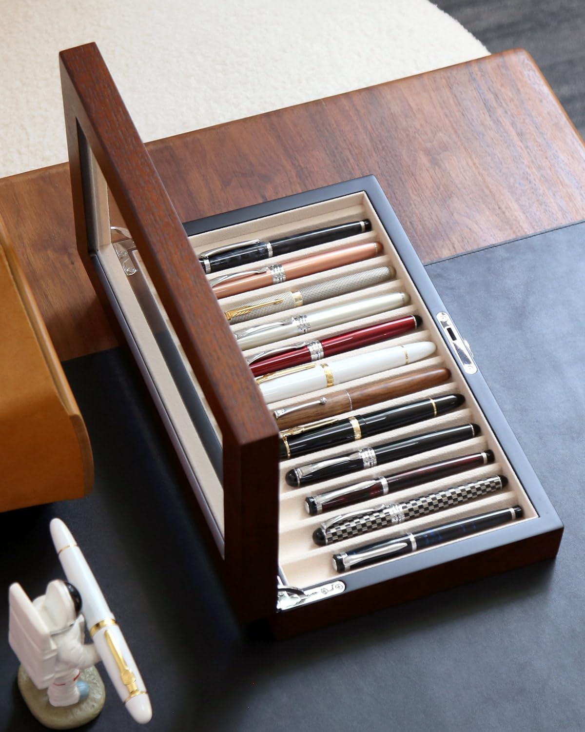 12-Slot Fountain Pen Collector Case – Lockable Wooden Organizer with Glass Display Top, Premium Storage Box for Writing Instruments and Gift for Men