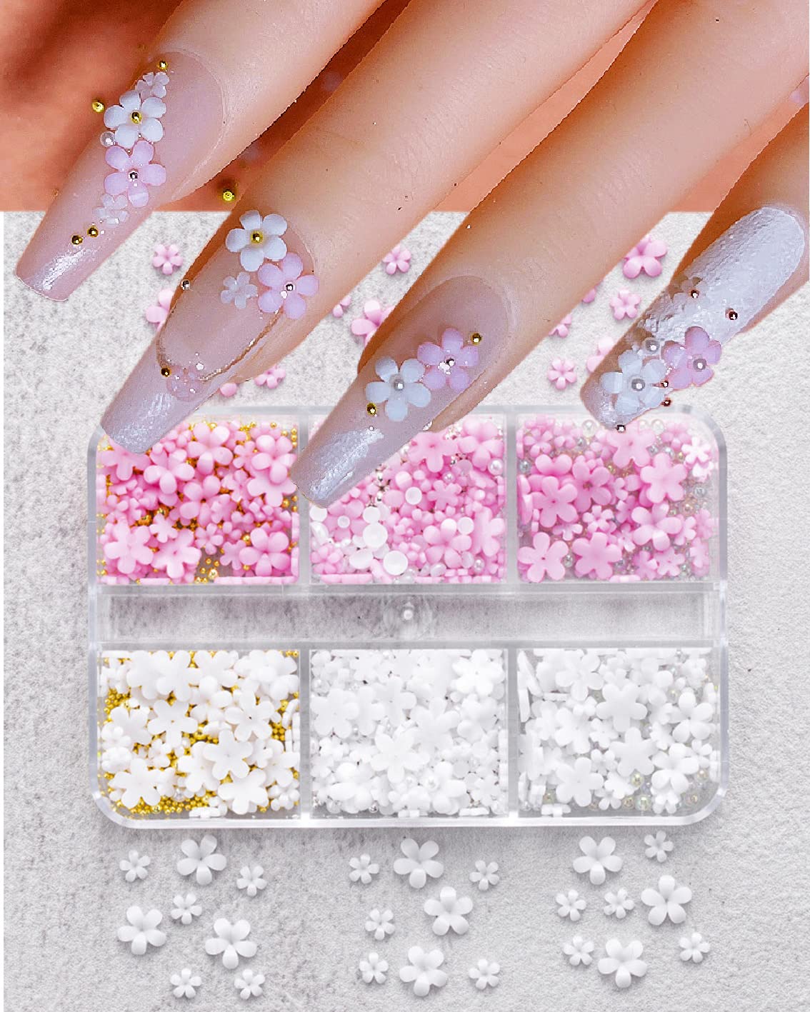 3D Flower Nail Charms and Silver/Gold Caviar Beads,7 Grids Acrylic Flowers Nail