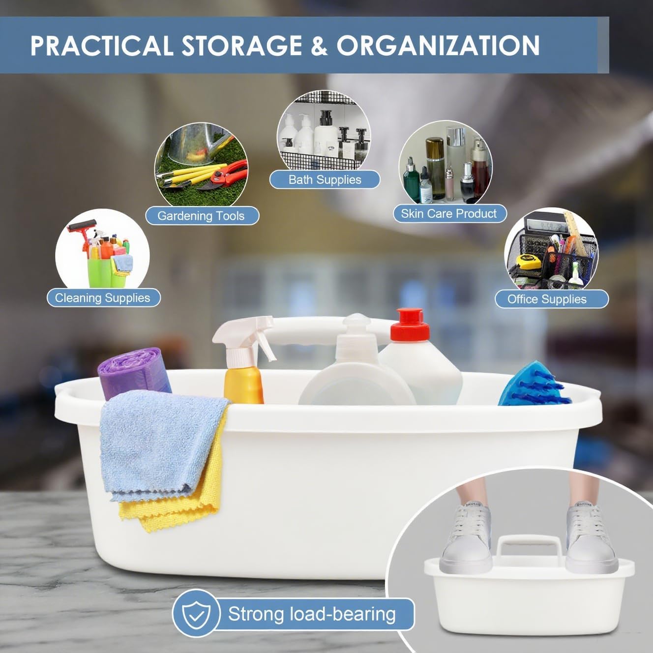 2 Pack Cleaning Supply Caddy with Handle, Portable Shower Caddy Organizer Plastic Basket with Handle, Stackable Tool Storage for Bathroom, Garden, Kitchen, Home Organization, White image 5
