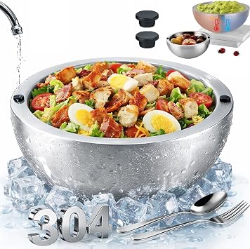 Insulated Serving Bowl for Hot and Cold Food, 304 Stainless Steel Double-Wall Salad and Dip Bowl, 35/70 Oz Chiller with 2 Water Injection Ports for Parties, Salsa, Pasta and Fruit 70oz*1