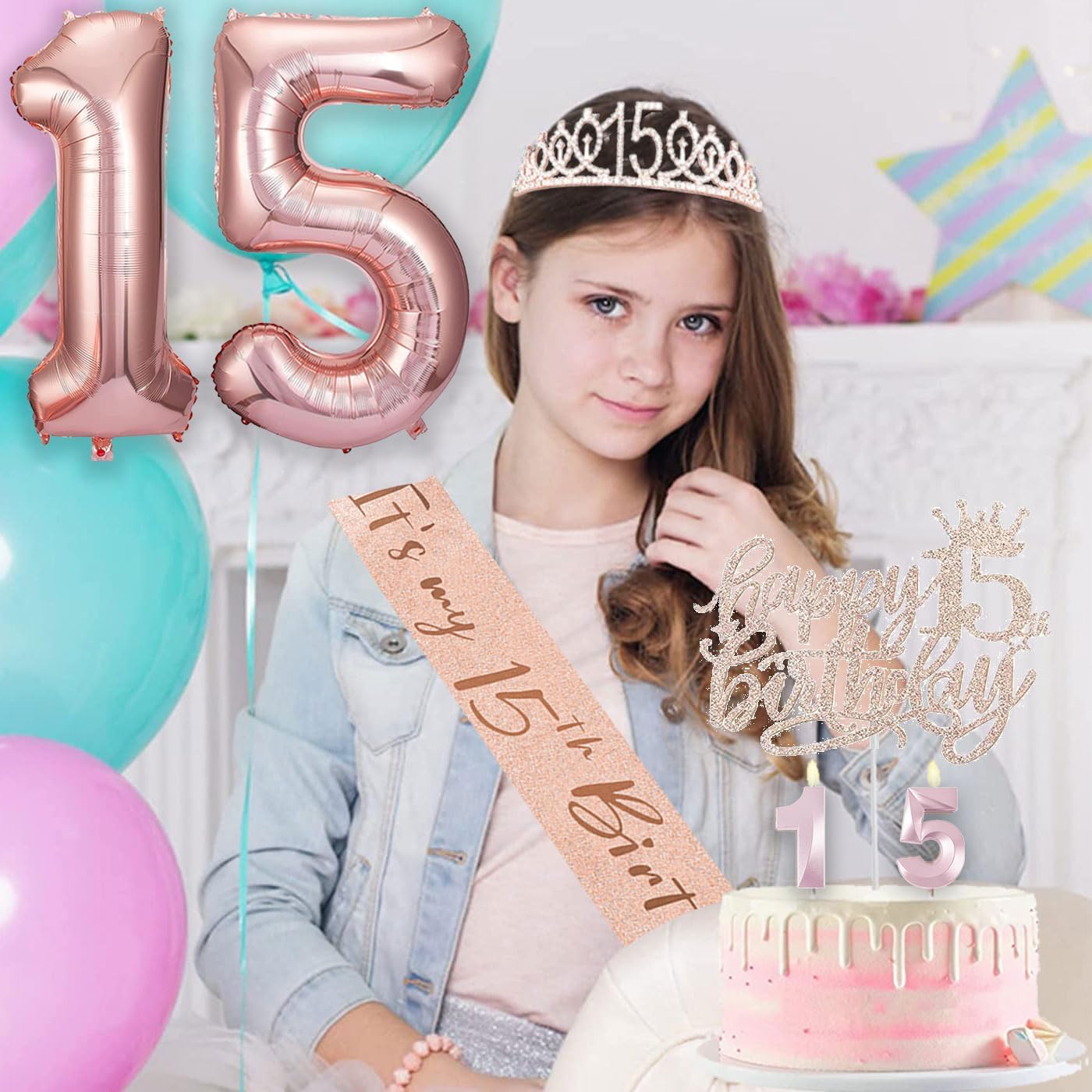 15th Birthday Decorations for Girls, 15th Birthday Sash and Crown, Cake Topper, Number Candles and Balloons, 15 Year Old Gifts for Girls - Image 3