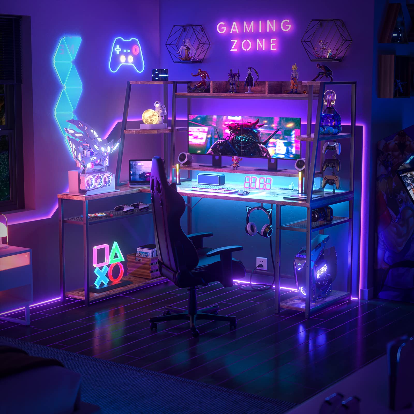 Rustic Led Gaming Pc Background armocity L Shaped Gaming Desk with LED Lights & Power Strips, 63 ...
