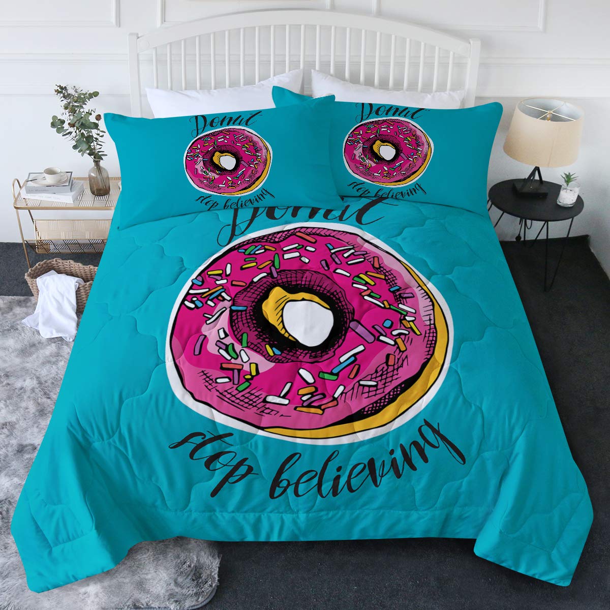 BlessLiving Donut Comforter Set 3D Bedding Donut Dessert Quilt Coverlet King Girls Blue Bedding Set 3 Piece Pink Donut with Sprinkles Cute Bedspread
