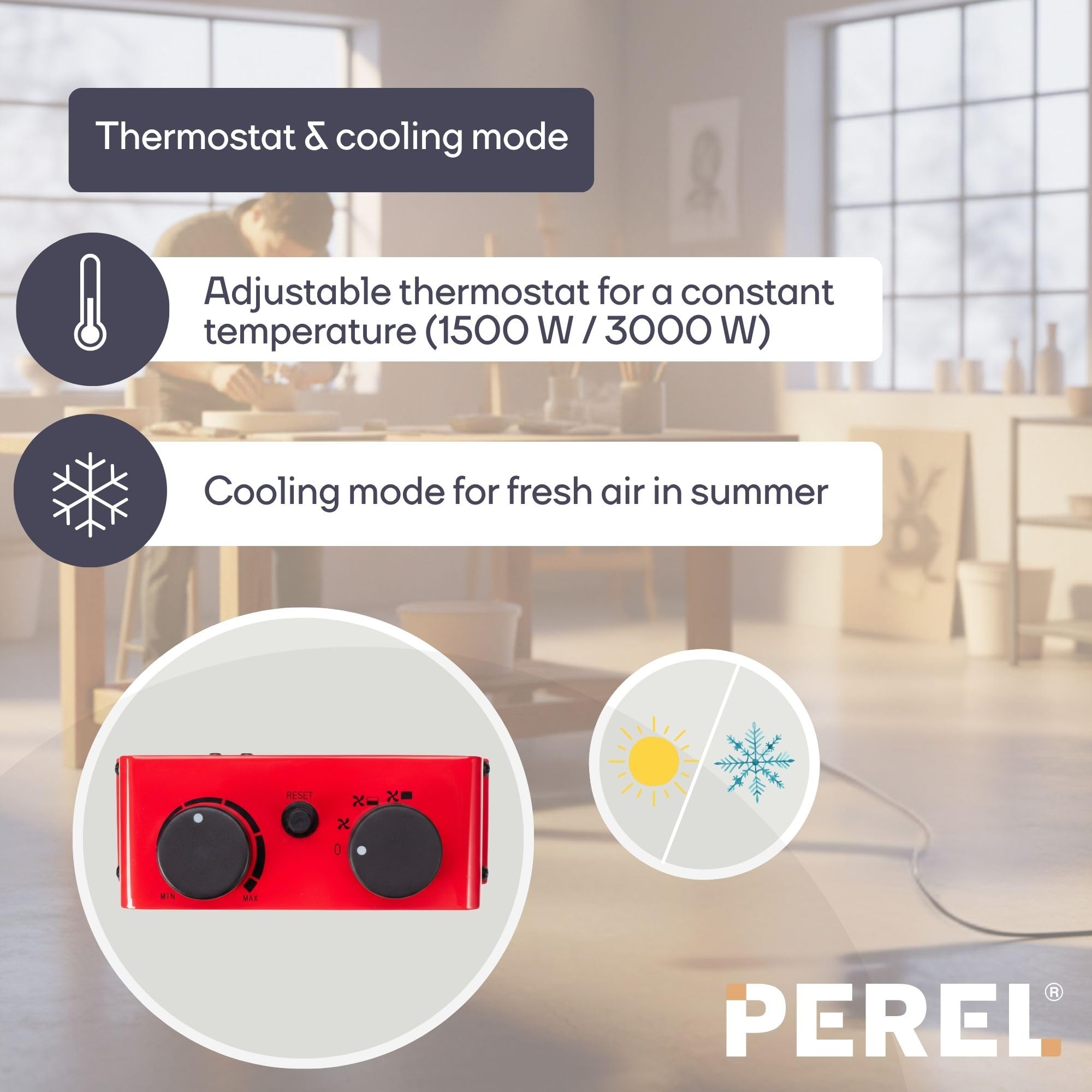 Perel Elektryczny grzejnik wentylatorowy 3000W, 2 poziomy grzania, termostat i funkcja chłodzenia, IP24, zabezpieczenie przed przegrzaniem, przenośny grzejnik do warsztatu lub garażu