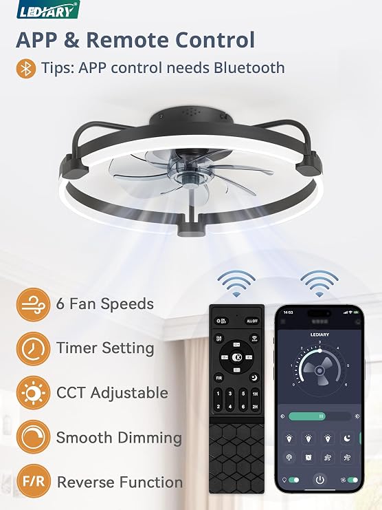 LEDIARY 20 Ceiling Fans with Lights and Remote, Low Profile Led Fan Light