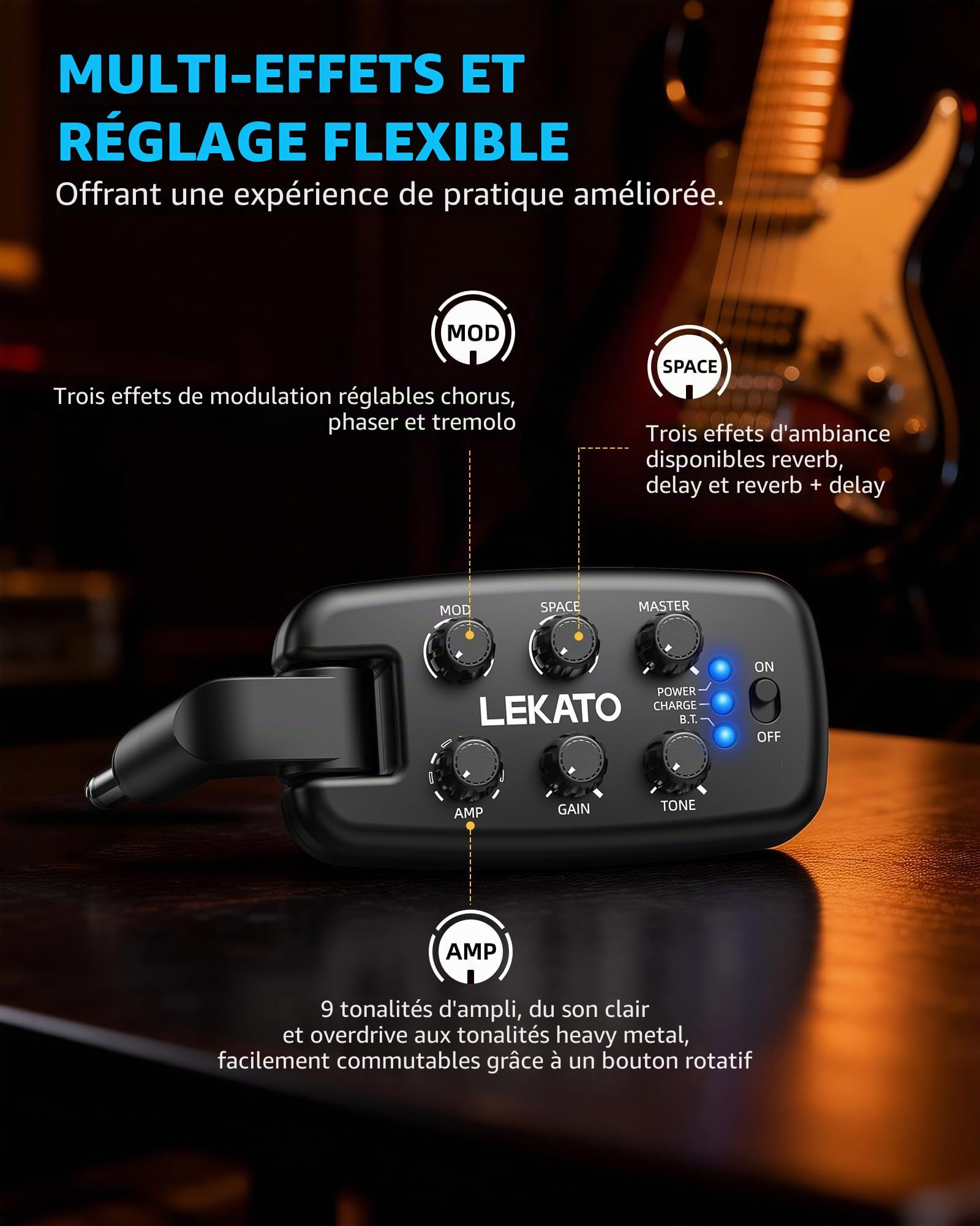 LEKATO Ampli de Casque pour Guitare, Ampli de Pratique Portable à Brancher pour Guitare Électrique et Basse, 9 Modèles d'Ampli & 6 Effets, Bluetooth 5.0, Prise Rotatif à 180°, Enregistrement OTG