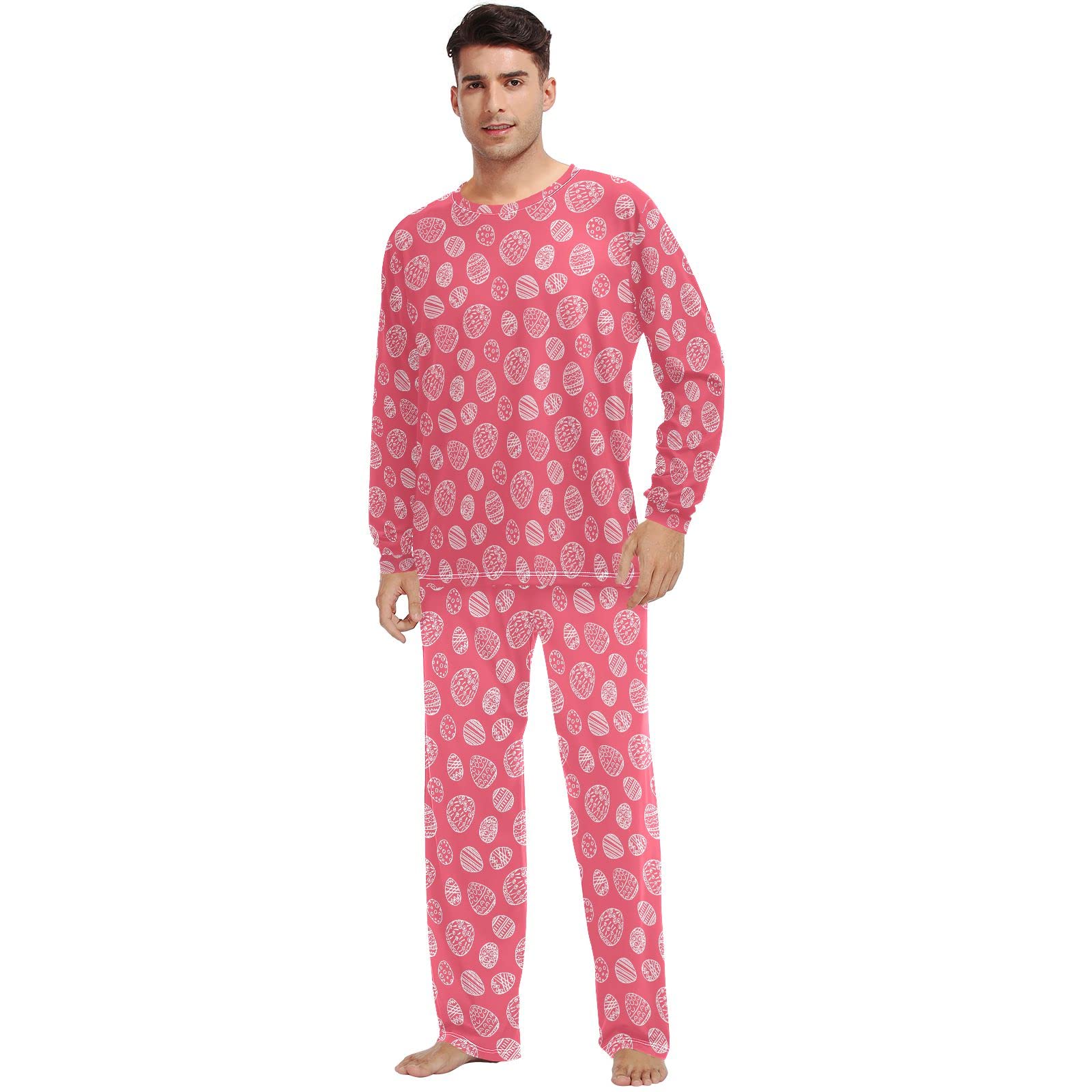 JUNZAN Pisanki jajka różowa piżama dla kobiet długi rękaw top i dół bielizna nocna zestaw para bielizna nocna, Easter Eggs Pink, XL