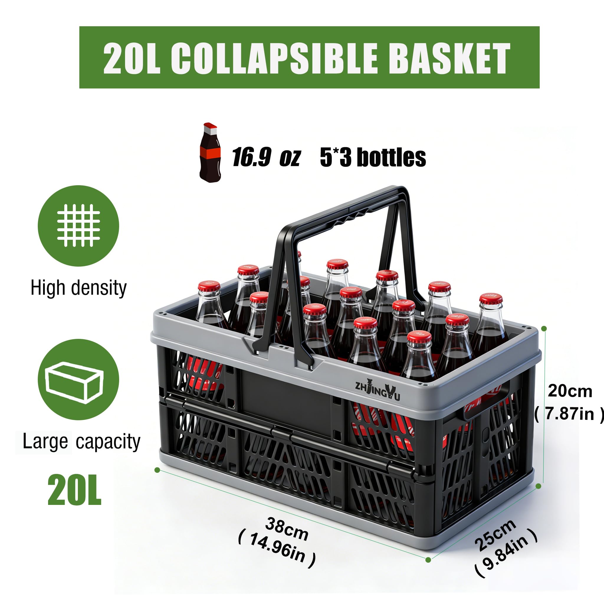 ZHJINGYU [2 unidades] Caja plegable de 20 l, caja plegable con asa (38 x 25 x 20 cm), cesta de la compra de plástico para cocina, dormitorio, baño, oficina (negro y gris)