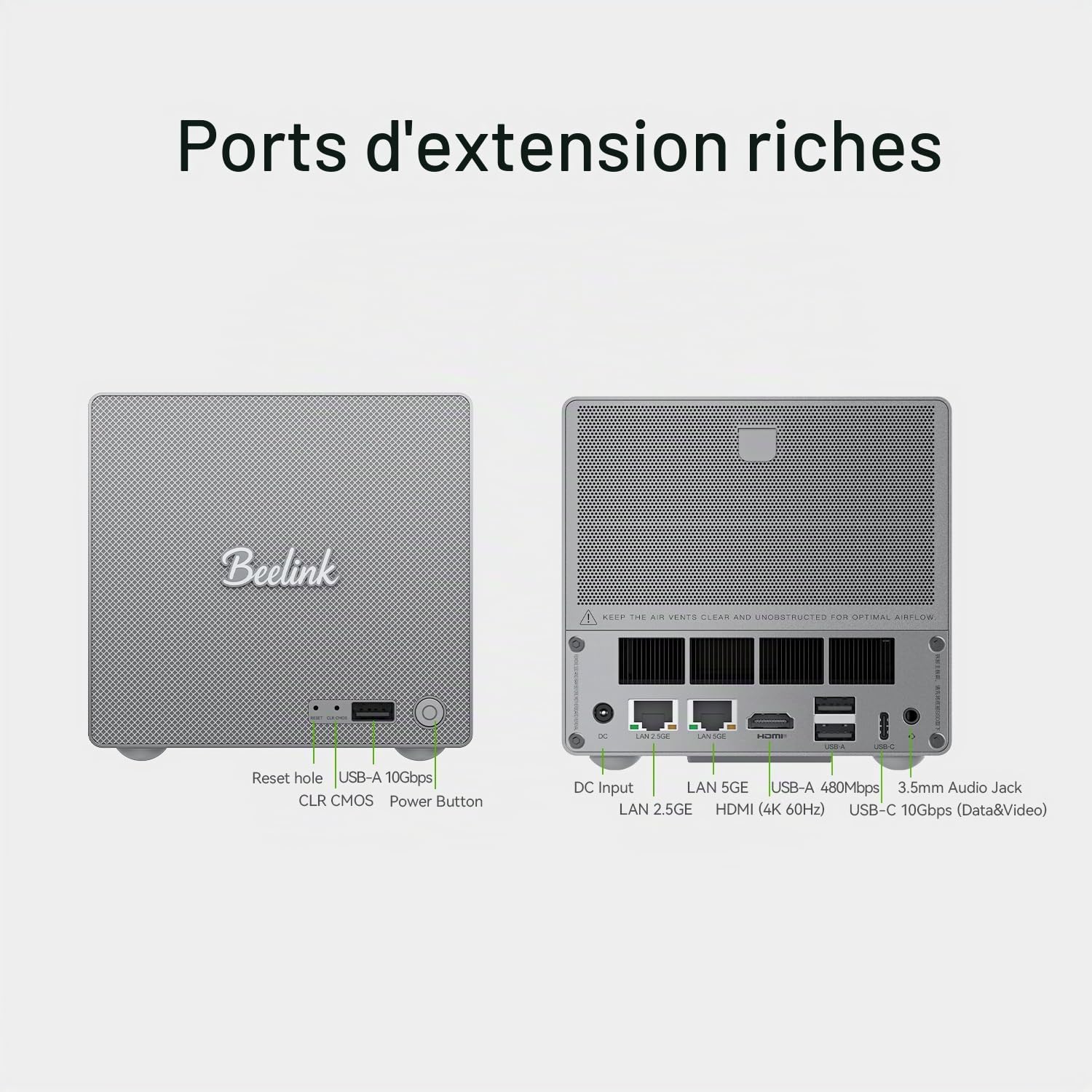 Beelink ME Pro Mini PC NAS, Intel N150, 16G LPDDR5, 1T SSD, 3 emplacements SSD M.2 + 2 Baies pour disques durs, Max 72TB, Double LAN, BT5.4, WiFi6, Cloud privé/Stockage NAS/Network Attached Storage