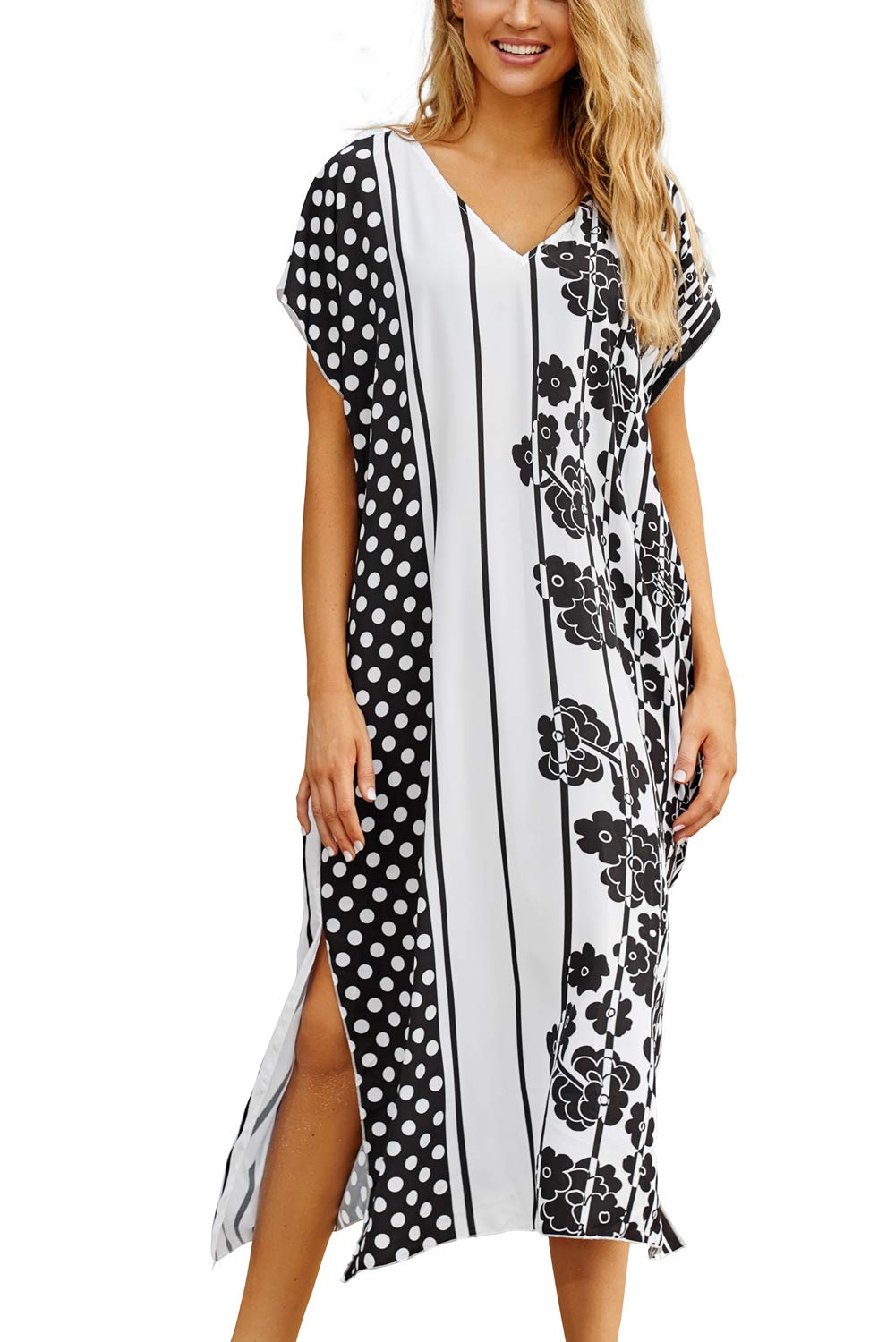 YouKD Women's Kaftan Maxi Bohemian Dress Beach Bikini Coverup Robe Long Kimono One Size Loungewear