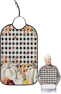 Kewadony Adult Bibs for Elderly Women - Thanksgiving Waterproof Dining Clothing Protectors with Crumb Catcher for Eating/Feeding, Grey Pumpkin Orange Leaves Black White Plaid Fall Terry Cloth Bib