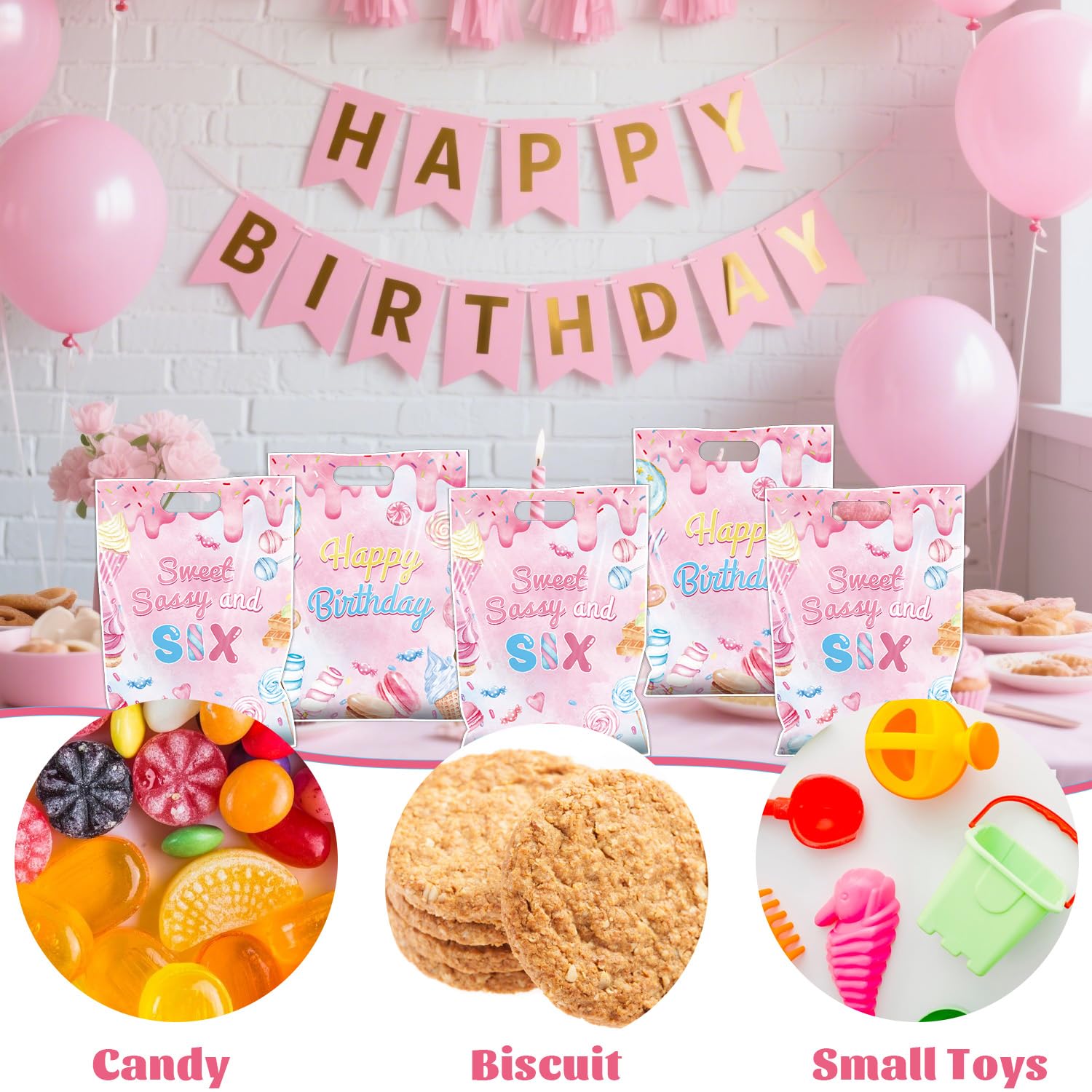 Aposwow Sweet Sassy Sześć Urodzinowych Dekoracje - Dziewczyny Słodkie 6. Goody Prezent Upominki Torby Słodkie Tematyczne 6-Letnie Przekąski Przysmaki Artykuły Pączek 6 Urodziny Dekoracje dla