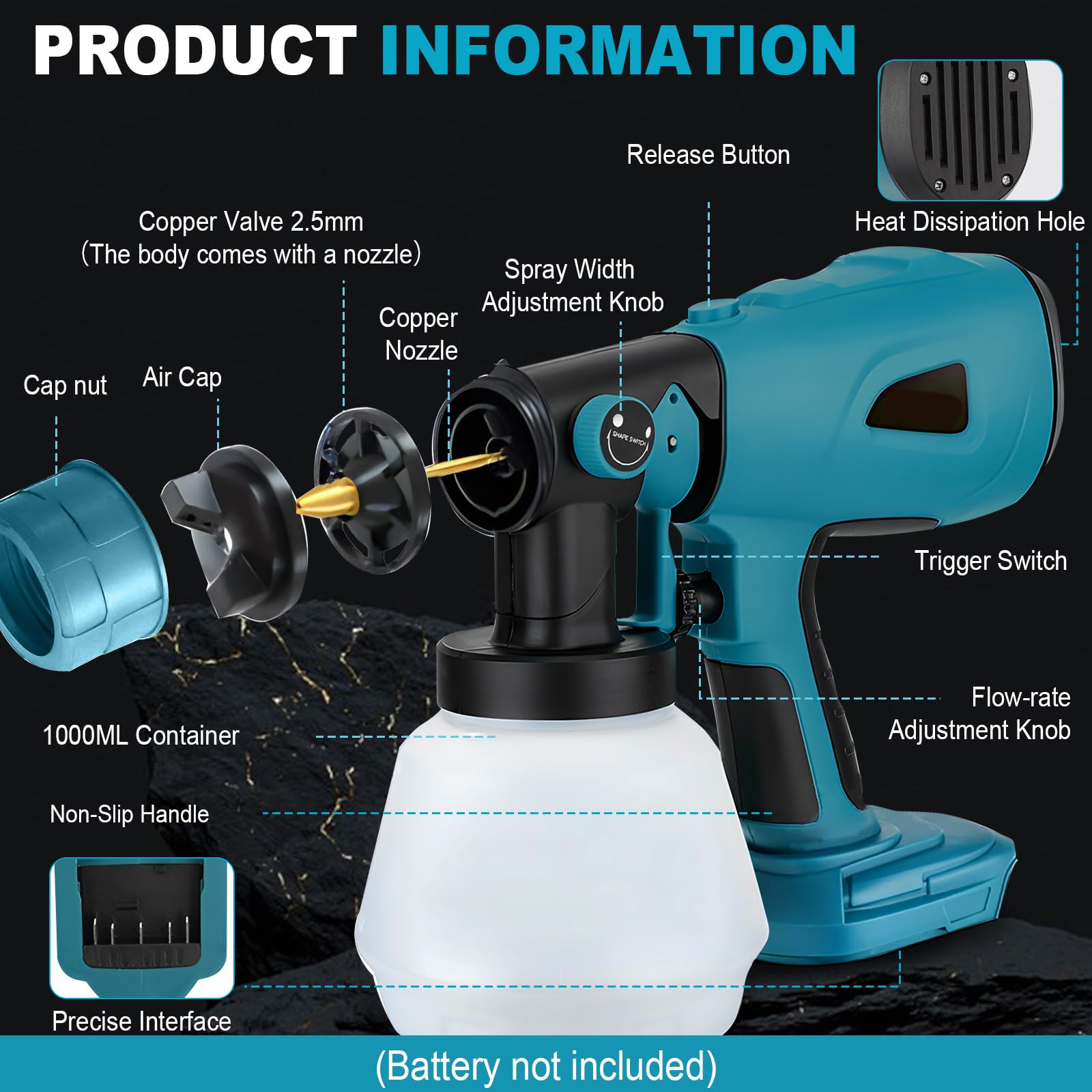 Sistema de pulverización de pintura a batería para batería Bosch de 18 V, sin escobillas, pistola de pintura eléctrica HVLP con 4 boquillas, 3 patrones y depósito de 1000 ml para vallas, terrazas