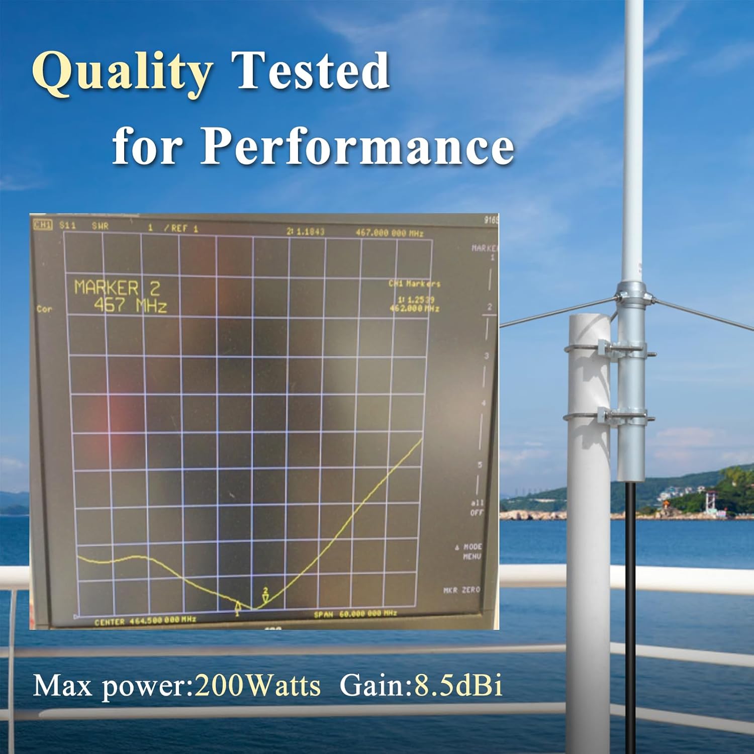 Pre-Tuned 462-467MHz GMRS Base Station Antenna,8.5dBi High Gain 200W Fiberglass Omni Outdoor Antenna,for Motorola Repeater BTECH Midland GMRS Two Way Radio