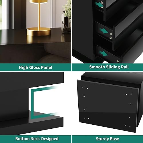 Miniatura 7 de YITAHOME Mesita de noche con luces LED, mesas de noche de alto brillo con 3 cajones, mesitas de noche flotantes altas para dormitorio, juego de 2,