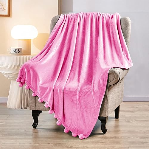 Miniatura 4 de BYTIDE Manta con pompones para sofá, manta de franela de vellón con borlas de flecos de pompones, manta de felpa, esponjosa, acogedora, cálida,