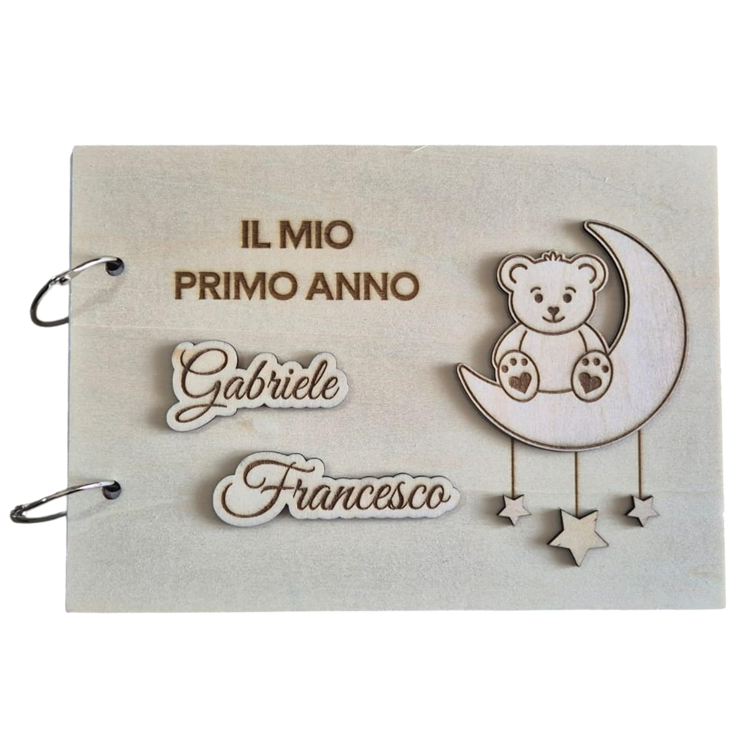 Album Foto Neonato "Il Mio Primo Anno" in Legno – Diario Nascita con Dettagli 3D a Rilievo e Pagina Dati – Idea Regalo Battesimo e Nascita – Design Orsetto sulla Luna
