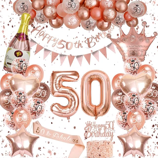 50th Birthday Decoration for Women, Rose Gold 50th Birthday Decorations, 50th Rose Gold Balloons Happy 50th Birthday Banner Triangle Flag Banner Number 50 Balloons for Birthday Party Decorations