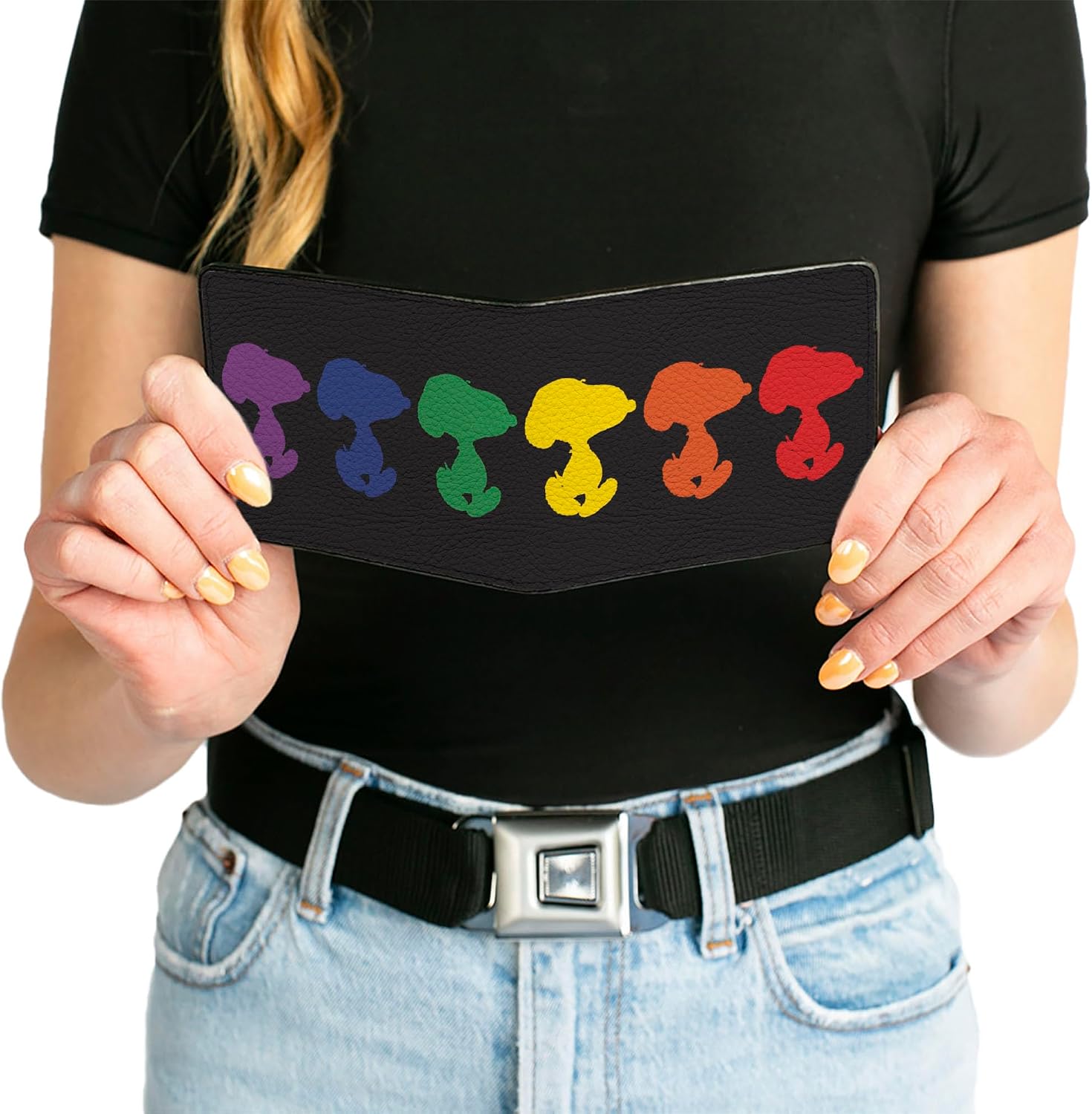Buckle-Down Peanuts Worldwide LLC Wallet, Bifold, Peanuts Snoopy Silhouette Pose Black Rainbow Multi Color, Vegan Leather
