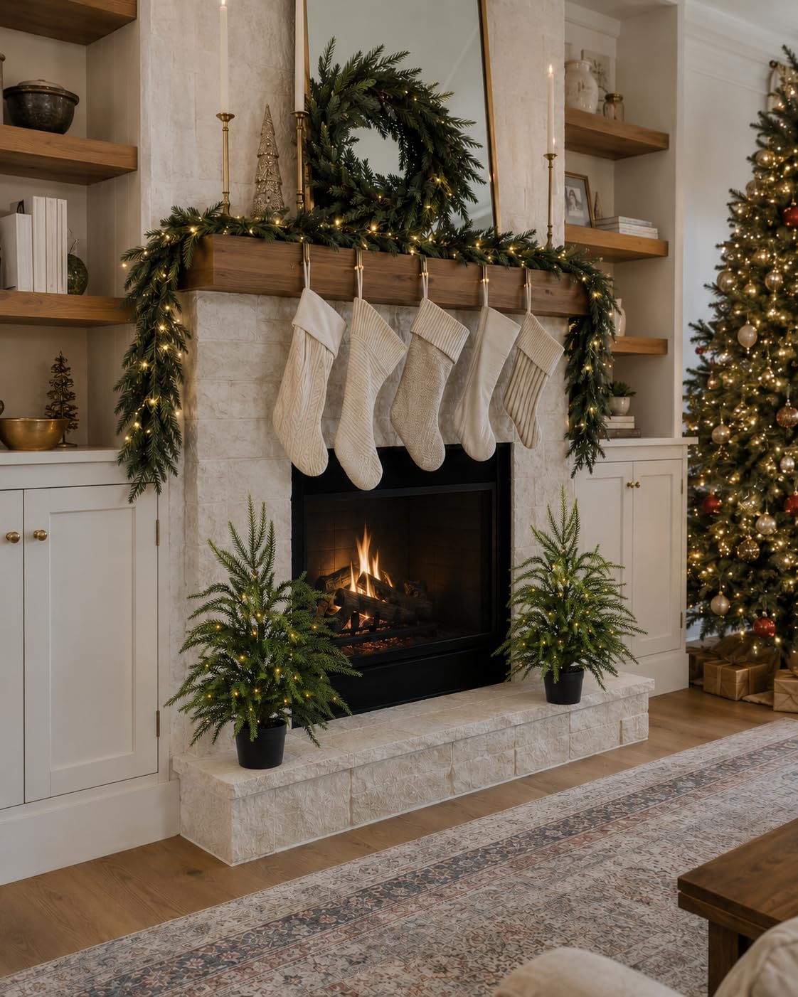 Nioclub 2FT Pre-Lit Artificial Norfolk Christmas Tree Realistic Potted Tree | 24in Tabletop Tree-PE Branches-6H Timer-3 AA Batteries Required-30 LED-For Consoles, Desks & Buffets-Christmas Decoration