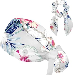FVQL 2 Pieces Surgical Cap for Long Hair Scrub Cap with Hairband Nurse Cap, Flowers Leaves Plant