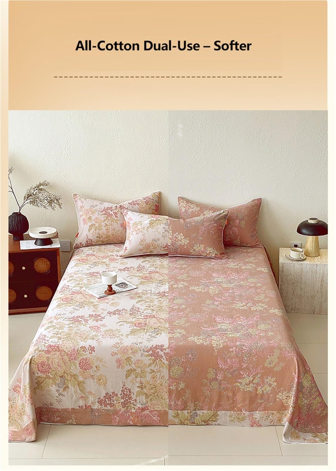 Sábana encimera Cama 90/105/135/150/160/180cm 240x250/270cm de algodón de Gasa Doble refrescante Suave y aireada sensación de Nube sábana Plana Reversible(Flower B,240x270cm+48x74cm x2)