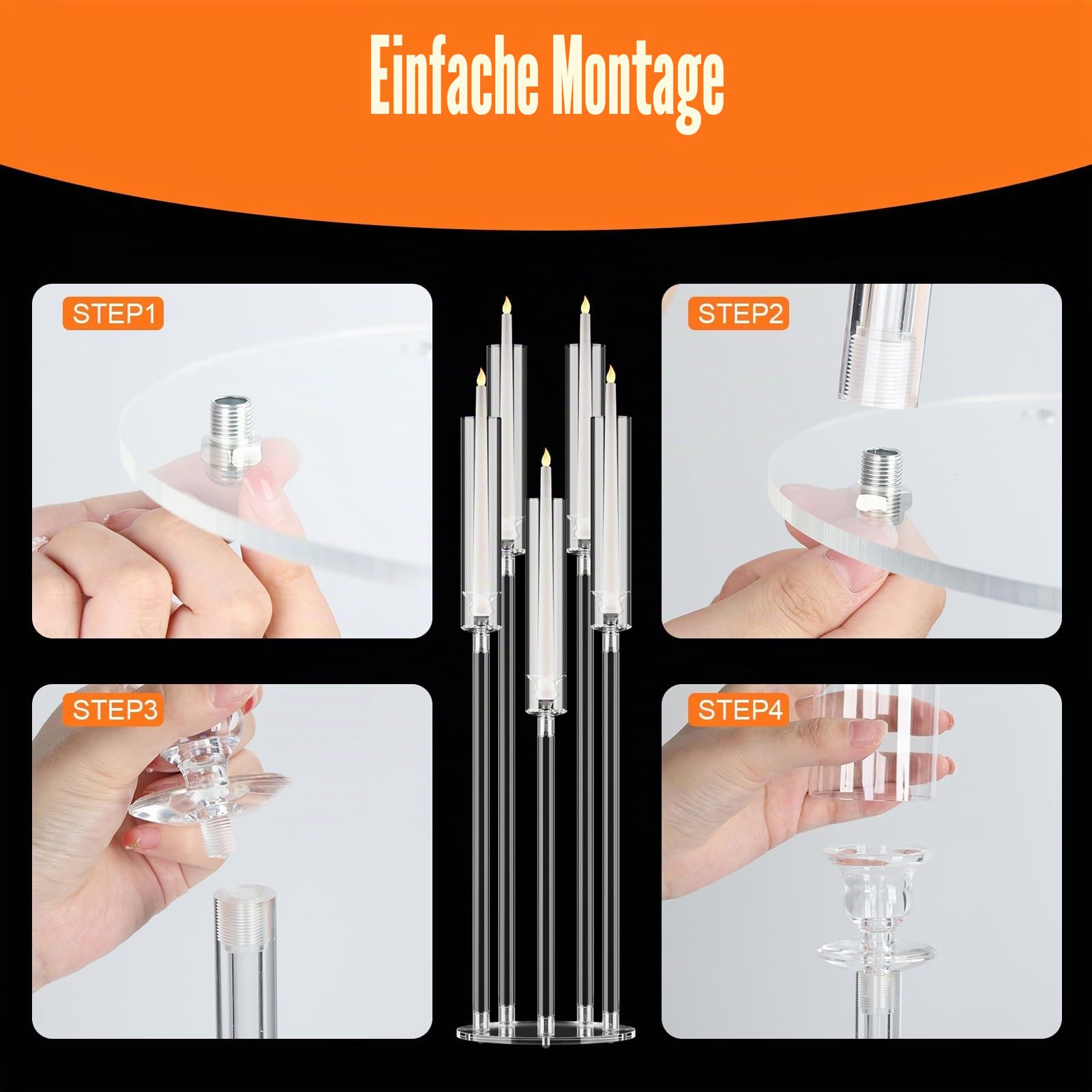 Set mit 4 eleganten Kerzenhaltern mit Lampenschirm aus Acryl, Kerzenhalter mit 5 Armen für LED-Kerzen, perfekt für Hochzeiten