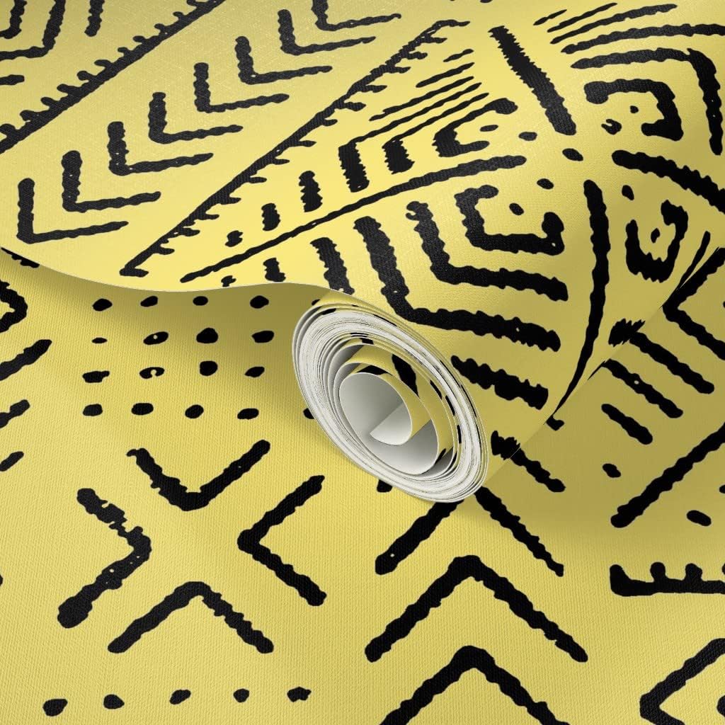 Peel & Stick Wallpaper 3ft x 2ft - Line Mud Cloth Yellow Large Africa African Tribal Afrocentric Custom Removable Wallpaper by Spoonflower